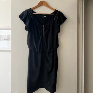 tas 100% Silk Black Mini Cocktail Dress Flutter Short Sleeve Tulip Skirt Small